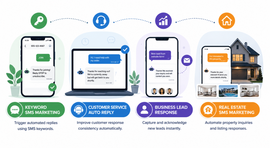 Use Cases for Auto Reply & Communication Automation 3 keyword SMS marketing, customer service auto replies