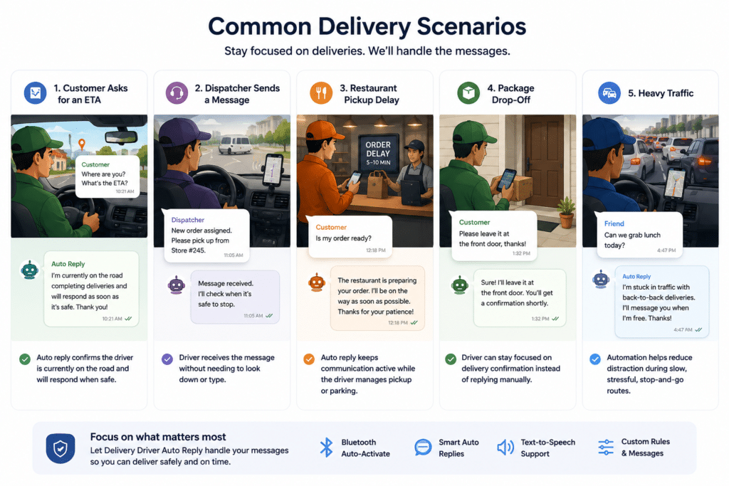 Delivery Driver Communication Auto Reply 1 Automatic delivery driver replies during navigation, pickups, traffic, and package drop-offs