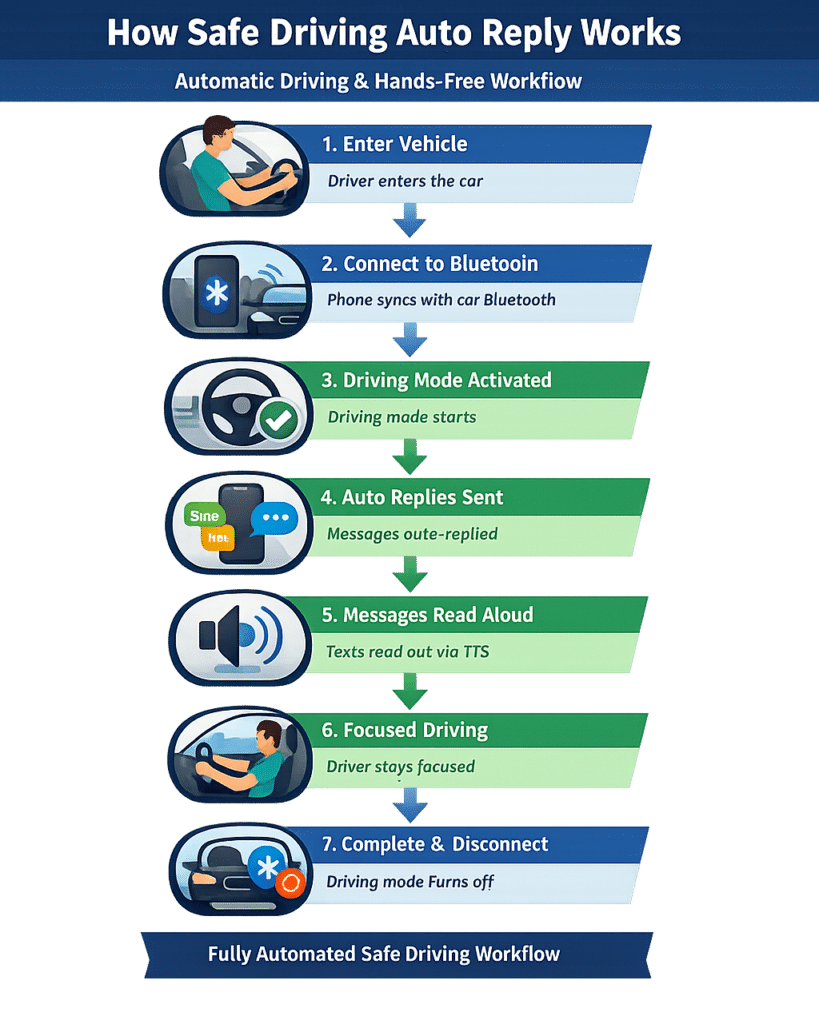 Safe Driving Auto Reply 1 Bluetooth driving auto reply workflow - Safe Driving Auto Reply App